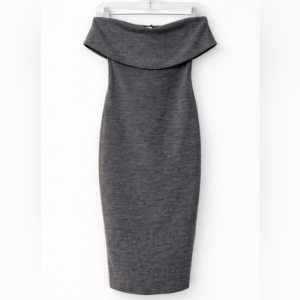 Lilyful Gray Off-Shoulder Midi Dress Size Small Elegant Bodycon Cocktail